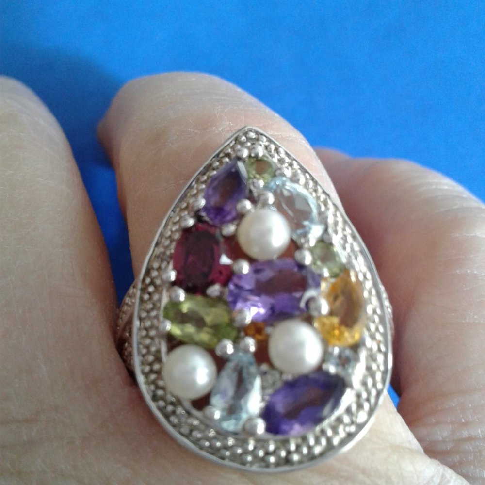 Vintage Unique gemstone "salad" ring stamped 925